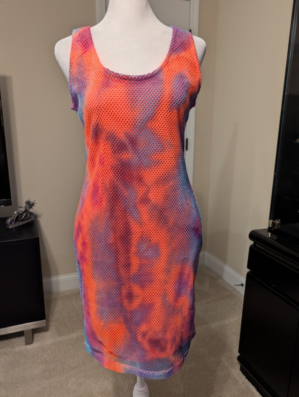 Love J Vibrant Neon Tie-Dye Mesh Tank Dress- Pink Purple and Blue